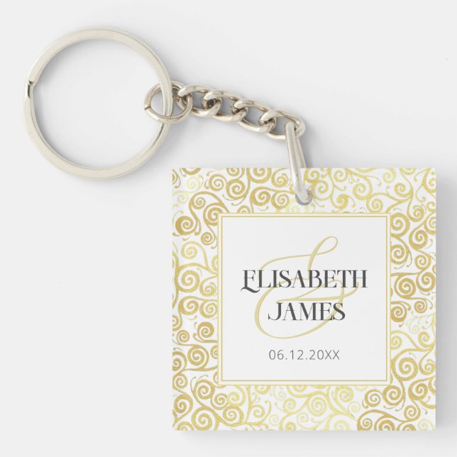 Luxury Flourish Chic Winter White And Gold Wedding Key Ring (Front)
