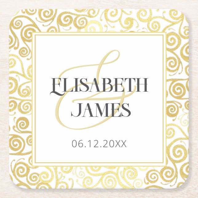 Luxury Flourish Chic Winter White And Gold Wedding Square Paper Coaster (Front)
