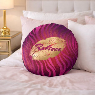 Luxury Fuchsia Animal Stripes Lipstick Print Round Cushion