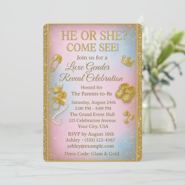 Luxury Gender Reveal Invitation with Gold Glitter (Standing Front)