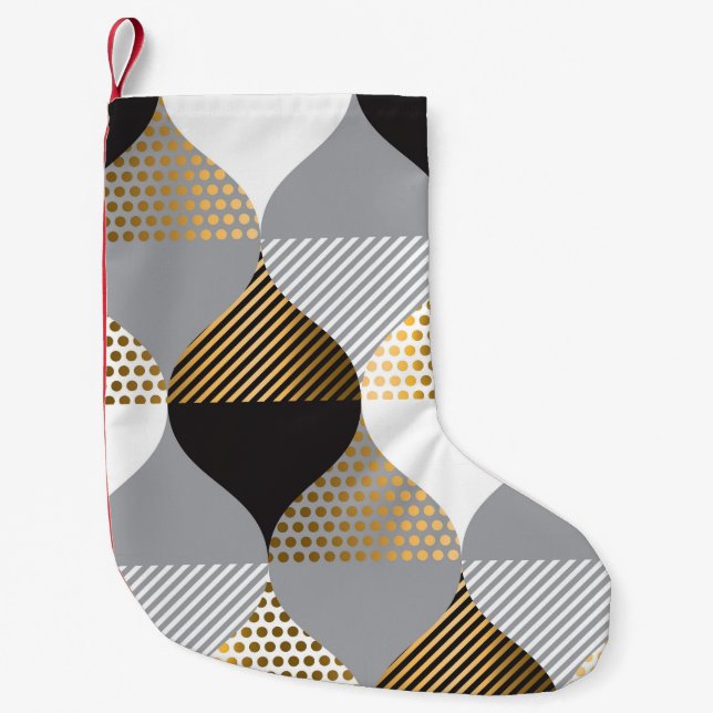 Luxury geometric: black, gold pattern small christmas stocking (Front)