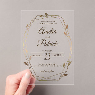 Luxury Geometric Botanical Gold Wedding  Acrylic Invitations