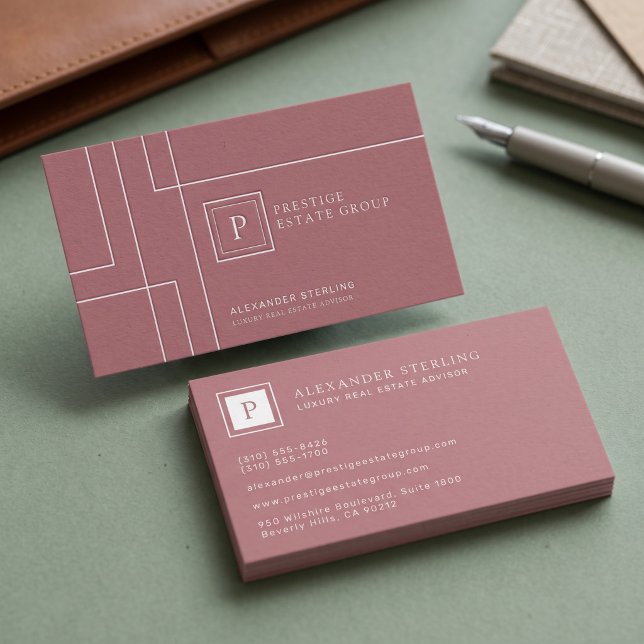 Luxury Geometric Minimalist Monogram Design Business Card (Simulated business cards on table)