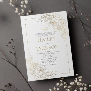 Luxury geometric white gold floral wedding  invitation
