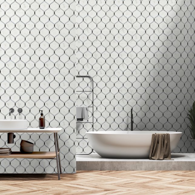 Luxury Geometric White Grey Marble Tile Pattern Wallpaper (Bathroom)