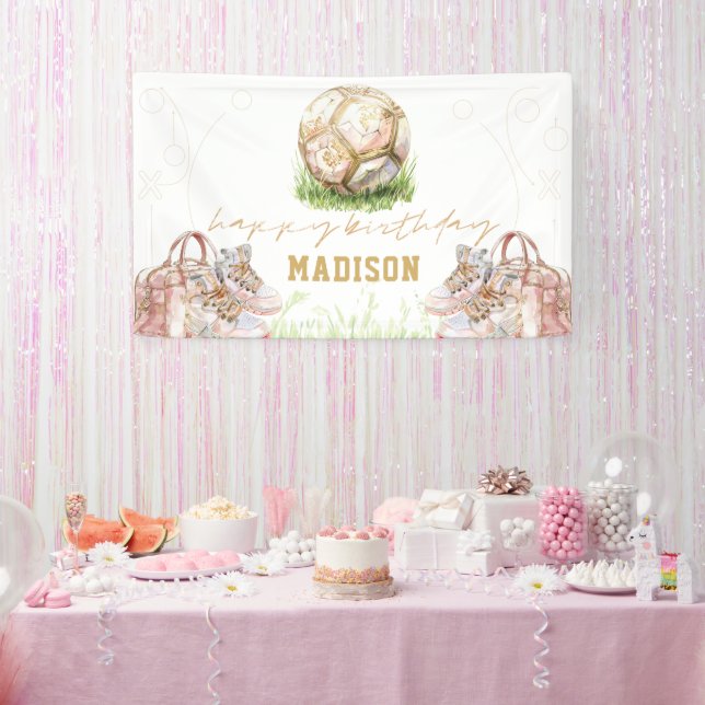 Luxury Girl Birthday Pink Gold Soccer Banner (Party)