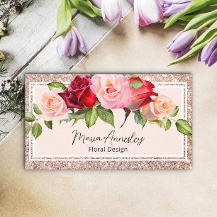 Luxury Girly Faux Rose Gold Glitter Floral Business Card