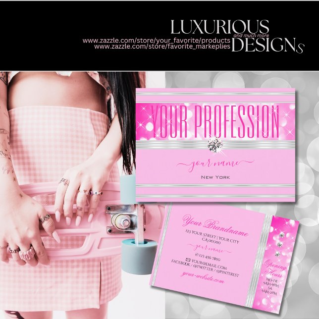Luxury Girly Pink Glitter Diamonds Silver Border Business Card (Creator Uploaded)
