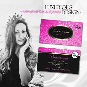 Luxury Girly Pink Glitter Sparkle Stars Black Logo Business Card