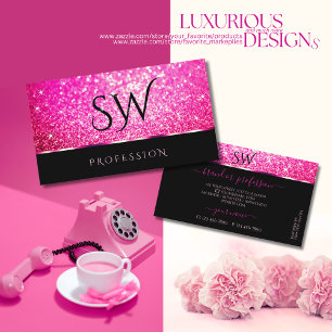 Luxury Girly Pink Glitter Stars Black Initials Business Card