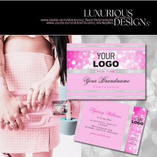 Luxury Girly Pink Glitter Stars Logo Silver Border Business Card