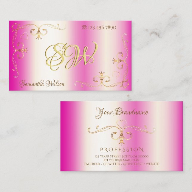 Luxury Girly Pink Gold Ornate Corner with Initials Business Card (Front/Back)