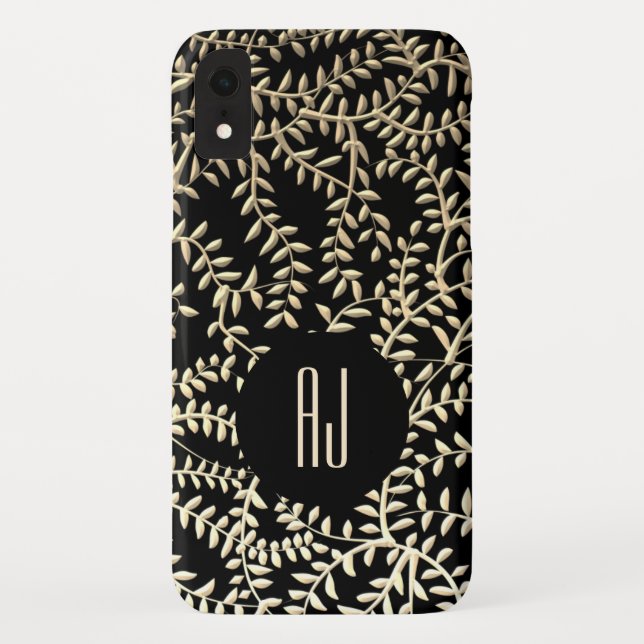Luxury Glam Black and Gold Floral Swirls Monogram Case-Mate iPhone Case (Back)