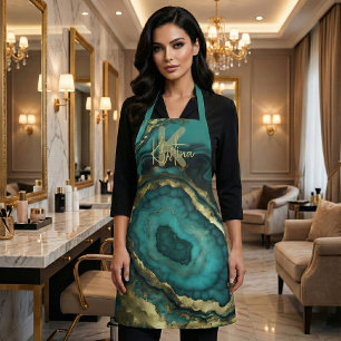 Luxury Glam Chic Teal Turquoise & Gold Agate Geode Apron