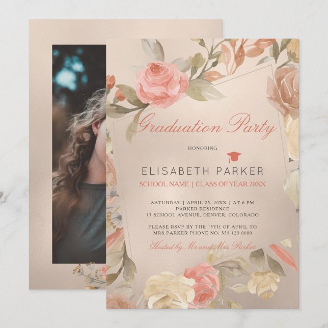 Luxury Glam Peach Floral PHOTO Graduation Party Invitation (Front/Back)