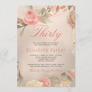 Luxury Glam Peach Gold Floral 30th Birthday Party Invitation