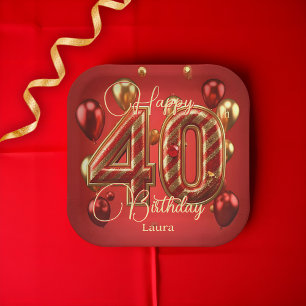 Luxury Glam Red and Gold 40th Birthday Celebration Paper Plate