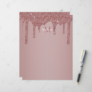 Luxury Glam Rose Gold Dripping Glitter Monogram Custom Letterhead