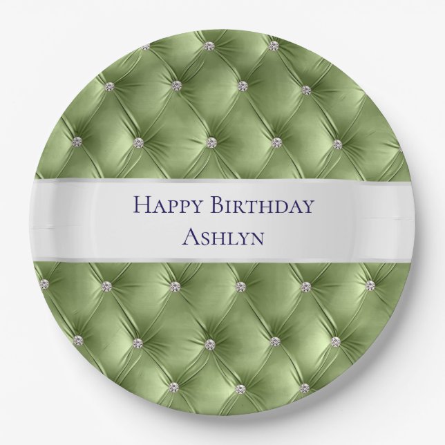 Luxury Glam Sage Green Faux Velvet Paper Plate (Front)