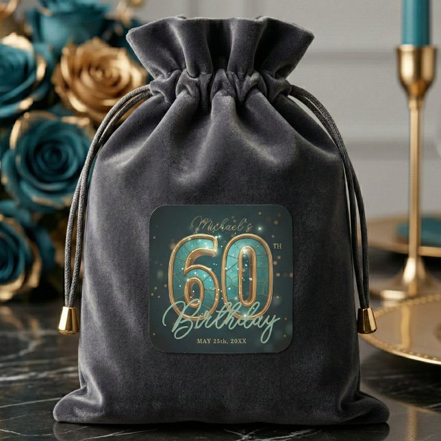 Luxury Glam Teal and Gold 60th Birthday Party Square Sticker (Creator Uploaded)