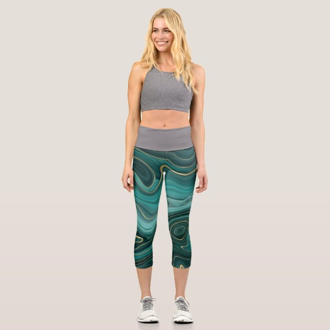 Luxury Glam Turquoise Abstract Pattern Capri Leggings (Front)
