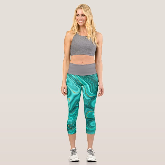 Luxury Glam Turquoise Bright Abstract Pattern Capri Leggings (Front)