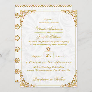 Luxury Glamour Gold Border & Nordic Flower Wedding Invitation