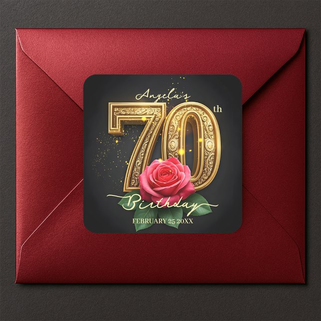 Luxury Glamourous Rose Gold Filigree 70th Birthday Square Sticker (Creator Uploaded)