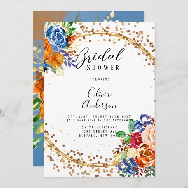 Luxury Glitter Blue Orange Floral Bridal Shower Invitation (Front/Back)