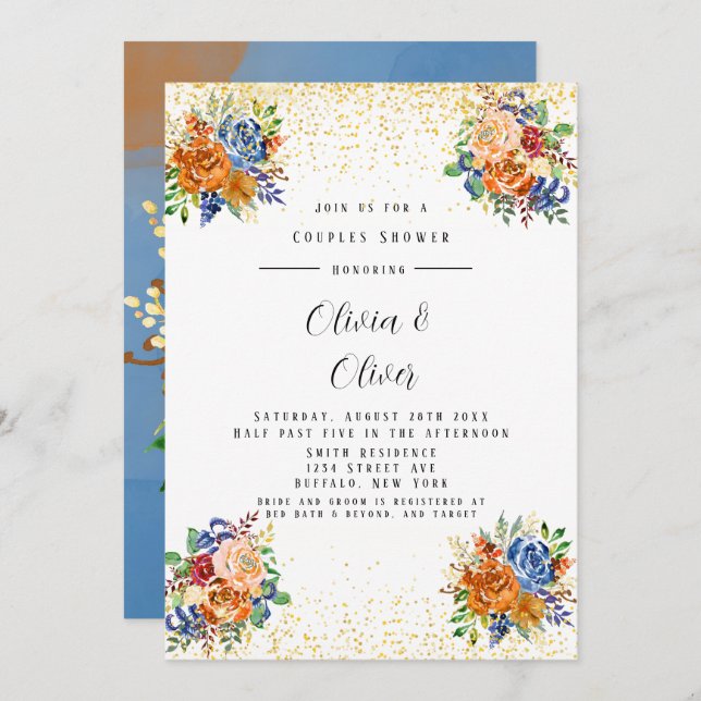 Luxury Glitter Blue Orange Floral Couples Shower Invitation (Front/Back)