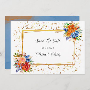 Luxury Glitter Blue Orange Floral Save The Date