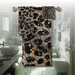 Luxury Glitter Brown Black Gold Leopard Pattern Bath Towel Set