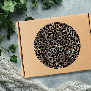 Luxury Glitter Brown Black Gold Leopard Pattern Classic Round Sticker
