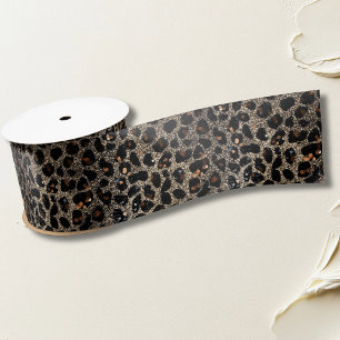 Luxury Glitter Brown Black Gold Leopard Pattern Satin Ribbon