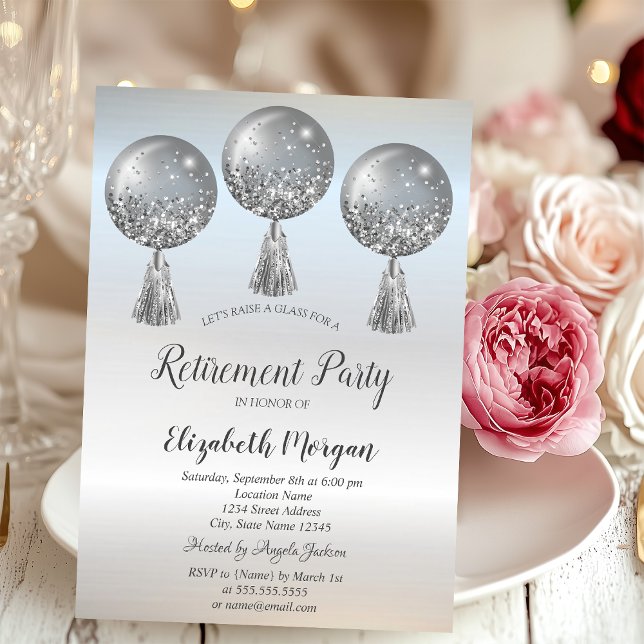 Luxury Glitter Drips Balloons Silver Retirement   Invitation (Creator Uploaded)