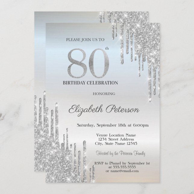 Luxury Glitter Drips Silver 80th Birthday  Invitation (Front/Back)