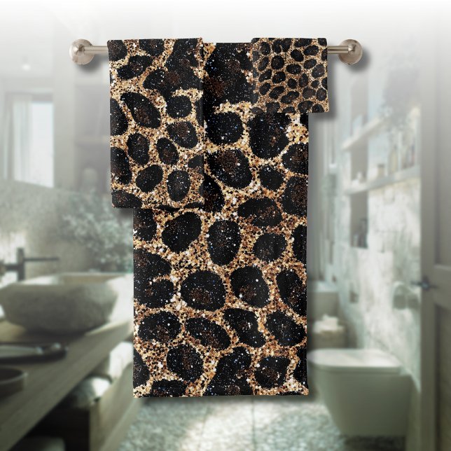 Luxury Glitter Gold Brown Black Leopard Pattern Bath Towel Set (Creator Uploaded)
