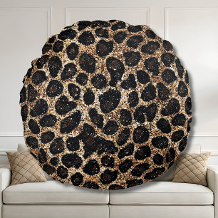 Luxury Glitter Gold Brown Black Leopard Pattern Round Cushion