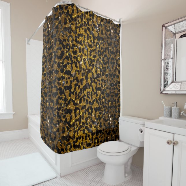 Luxury Glitter Gold Brown Black Leopard Pattern Shower Curtain (In Situ)