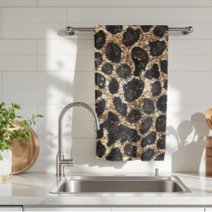 Luxury Glitter Gold Brown Black Leopard Pattern Tea Towel
