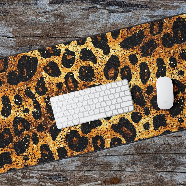 Luxury Glitter Gold Brown Rust Leopard Pattern Desk Mat (Creator Uploaded)