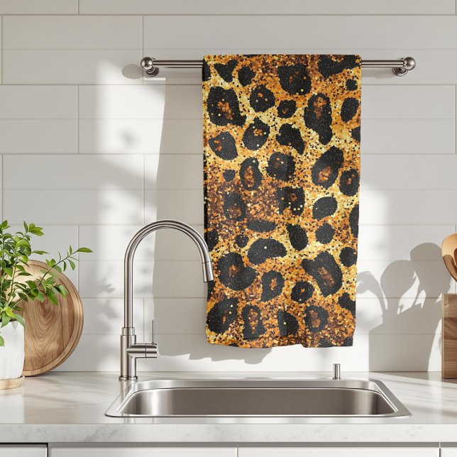 Luxury Glitter Gold Brown Rust Leopard Pattern Tea Towel (Creator Uploaded)