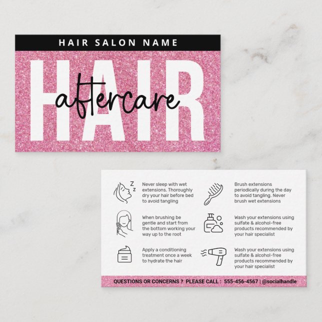 Luxury Glitter Pink Hair Extensions After Care Business Card (Front/Back)