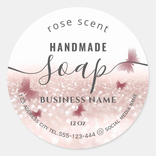 Luxury glittery romantic butterfly soap classic ro round sticker (Front)
