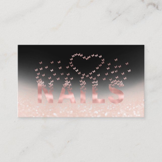Luxury glittery rose gold butterflies nails logo business card (Front)