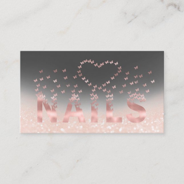 Luxury glittery rose gold butterflies nails logo business card (Front)
