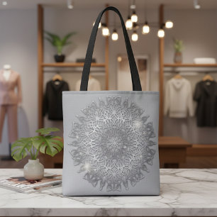 Luxury Glowing Sparkling Silver Metallic Mandala Tote Bag