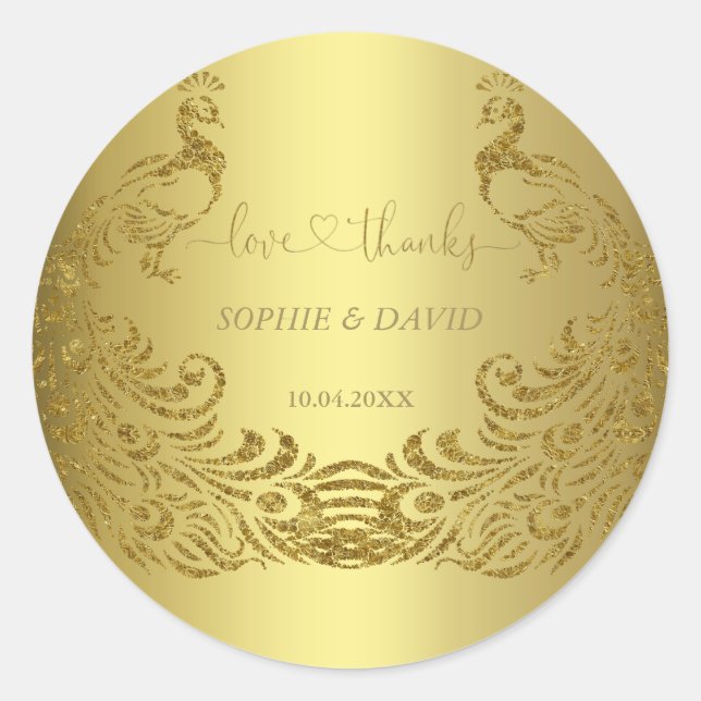 Luxury Gold Abstract Peacock Wedding Classic Round Sticker (Front)