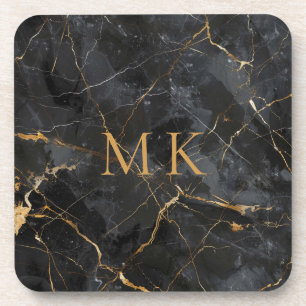 Luxury Gold Accent Black Marble Monogram Initials Coaster