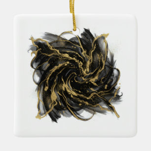 Luxury Gold and Black Abstract Marble Ink Flow Ceramic Ornament